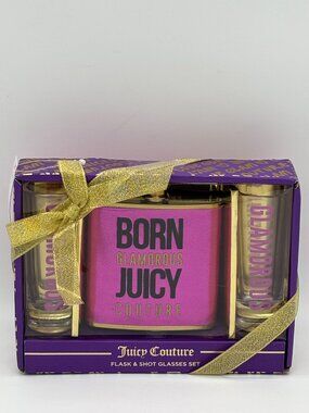 Juicy Couture Born Glamorous Flask & Shot Glass Set Pink Gold Barware Gift Y2K
